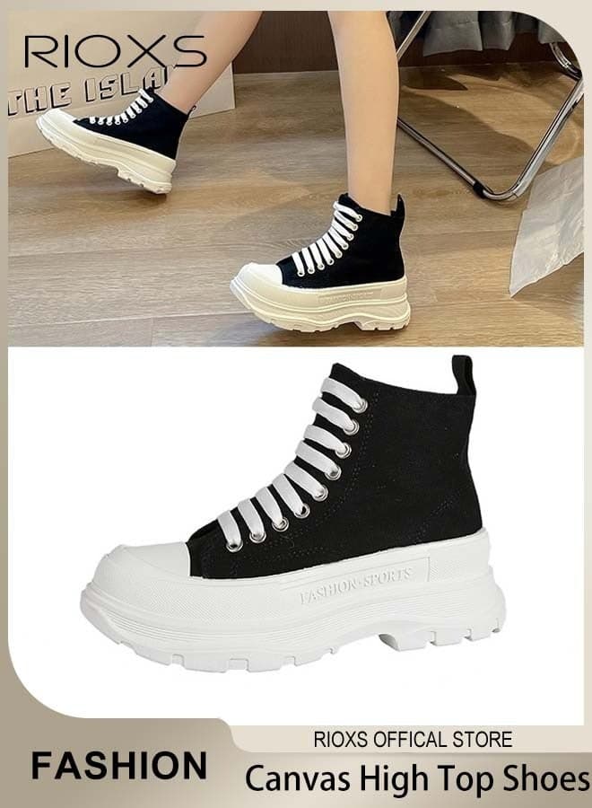 Women's High Top Sneakers, Classic Lace Up Canvas Sneakers, 5cm Platform Tennis Shoes, Fashion Chunky Sneakers for Women, Thick-soled Shoes for Work Shopping Travel and Daily Wear, Ladies Casual Athlesiure Shoes, Women's Sneake Black Plimsolls