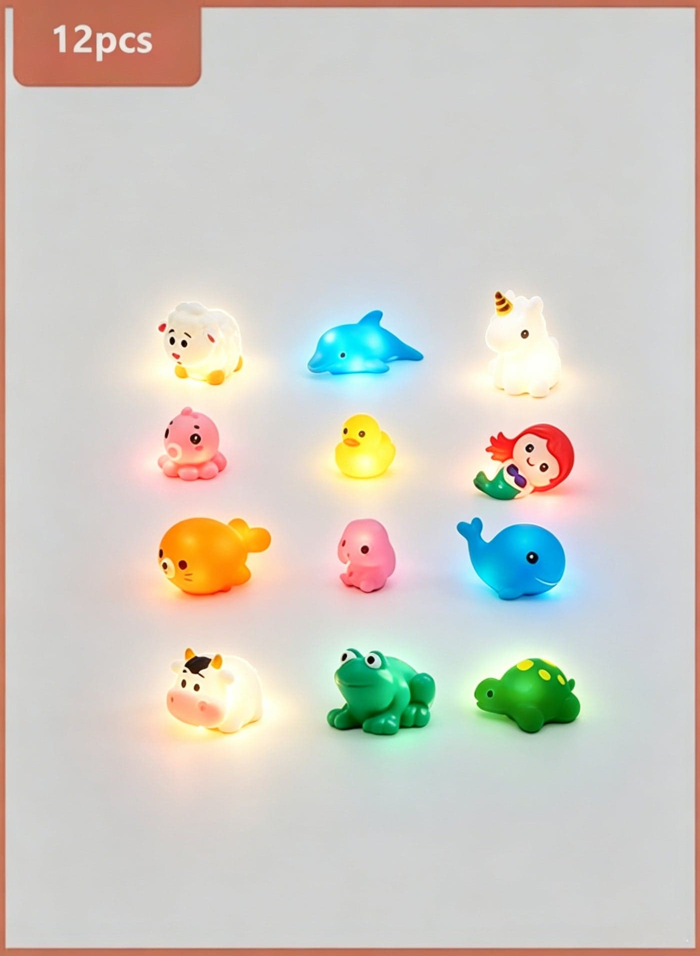 12-Piece Light Up Bath Toys for Toddlers - LED Automatic Glow in The Dark Cute Bathtub Toys Set for Kids, Boys & Girls - Swimming Pool & Shower Accessories