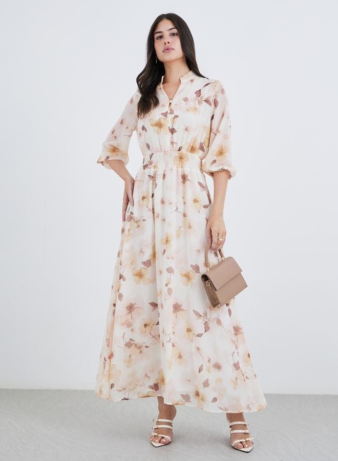 Styli Floral Print Balloon Sleeves A-Line Maxi Dress — M