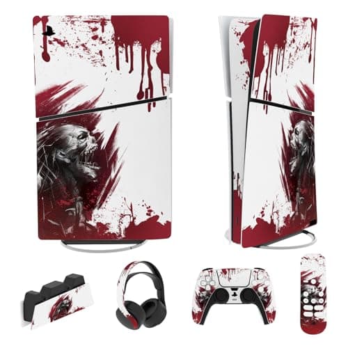 PlayVital Full Set Skin Sticker for ps5 Slim Console Digital Edition (The New Smaller Design), Vinyl Skin Decal Cover for ps5 Controller & Headset & Charging Station & Media Remote - Blood Zombie