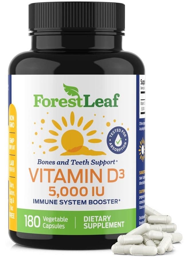 Vitamin D3 5,000 IU Supplement - Vegetable Capsules for Bones, Teeth, and Immune Support - Easy Swallow Pure Vitamin D3 5000 (180 Count)
