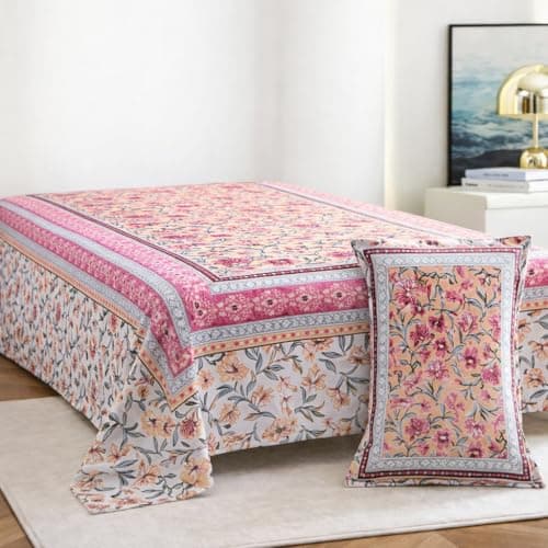 elanorhomes 100% Cotton 240 TC Single Bed Sheet Set | Floral Hand Printed Bedsheet with Pillow Cover | Soft Breathable Fabric for Bedroom | 60x90 Inches (Blush Garden)