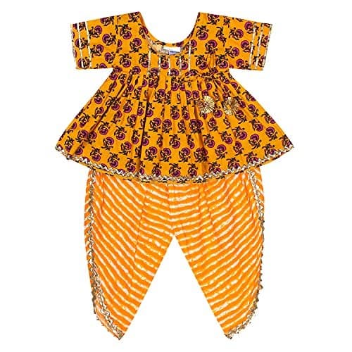 superminis Cotton Blend Baby Girls Printed Frock Style Kurta Set Salwar Ethnic Dress (Yellow, 18-24 Months)