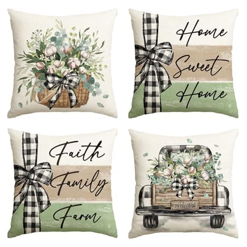 AVOIN colorlife Home Sweet Home Farmhouse Eucalyptus Leaves Throw Pillow Covers 16 x 16 Inch Truck Stripes Buffalo Plaid Cushion Case Decorations Set of 4