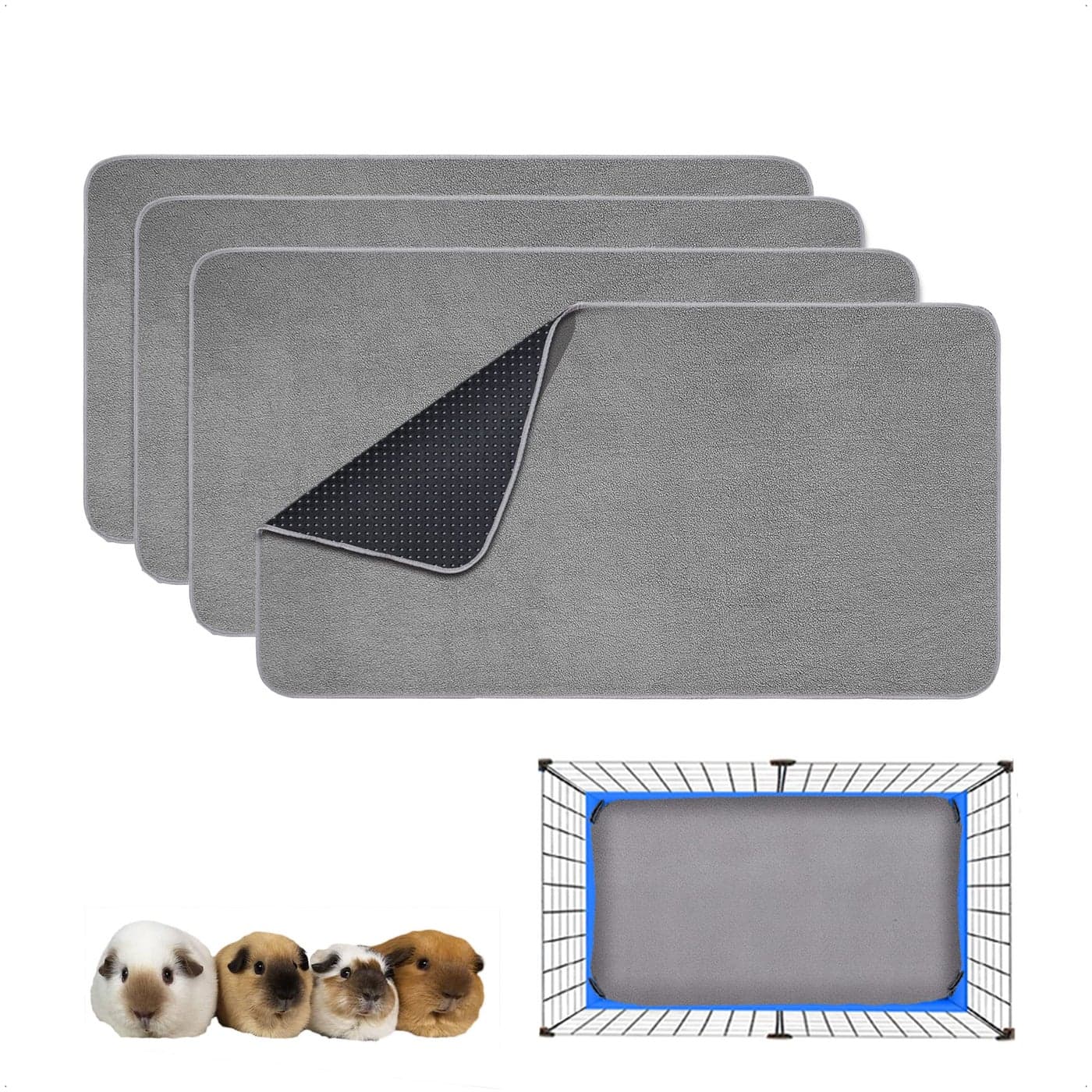 GINIDEAR Guinea Pig Cage Liner 4 Pack Washable Reusable Leakproof Fleece Bedding Pads for Small Animals with AntiSlip Bottom for 15X29 Area Gray