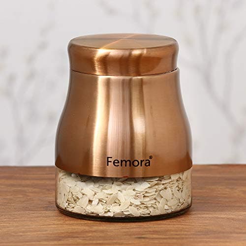 Femora Copper Metallic Clear Glass Jars | See Through Bottom Jar | 1 Year Warranty | Airtght | Jars for Snacks, Fry Food, Masala, Spice, Pickles, Cookies |900 ML | Set Of 1 | Copper
