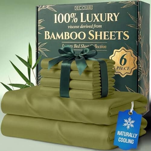 DECOLURE 100 Viscose Derived from Bamboo Sheets Queen Size Luxury 6 Pc Naturally Cooling Sheets Ultra Soft Bed Set Deep 17 Pockets Durable Double Stitching Oeko Tex Standard Light Olive
