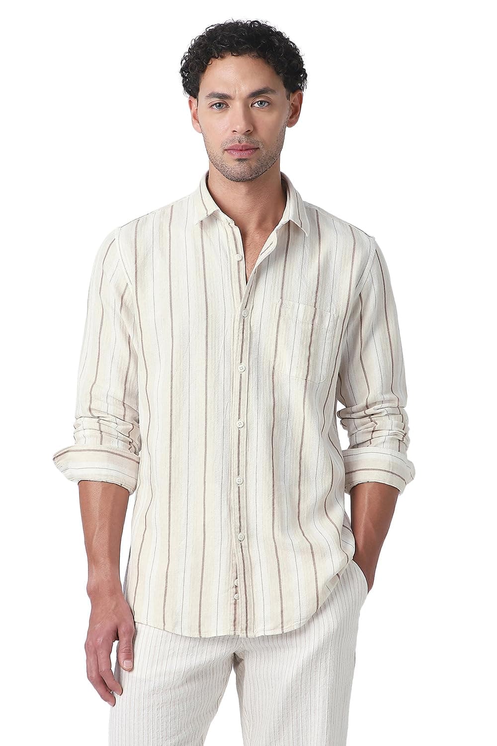Peter England Men Beige Slim Fit Stripe Full Sleeves Casual Shirt