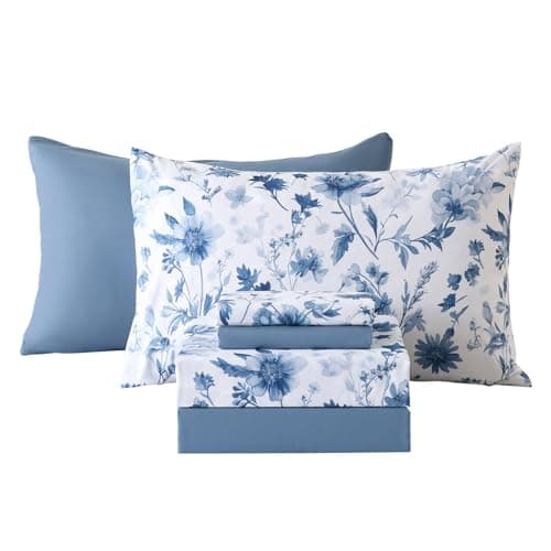 Botanical 6Piece Full Size Sheets Set Boho Floral Print Brushed Microfiber Sheets Cooling Bed Sheet Set Ultra Soft Breathable 16 Deep Pocket Fitted Sheet Pillowcase Set Grey Blue Floral