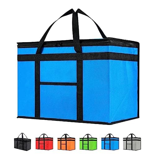 XXL Insulated Cooler Bag and Food Warmer for Delivery & Grocery Shopping with Zippered Top, Blue (1 pack)