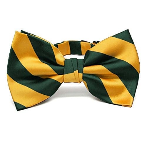 tiemart Striped Bow Tie (Hunter Green and Golden Yellow)