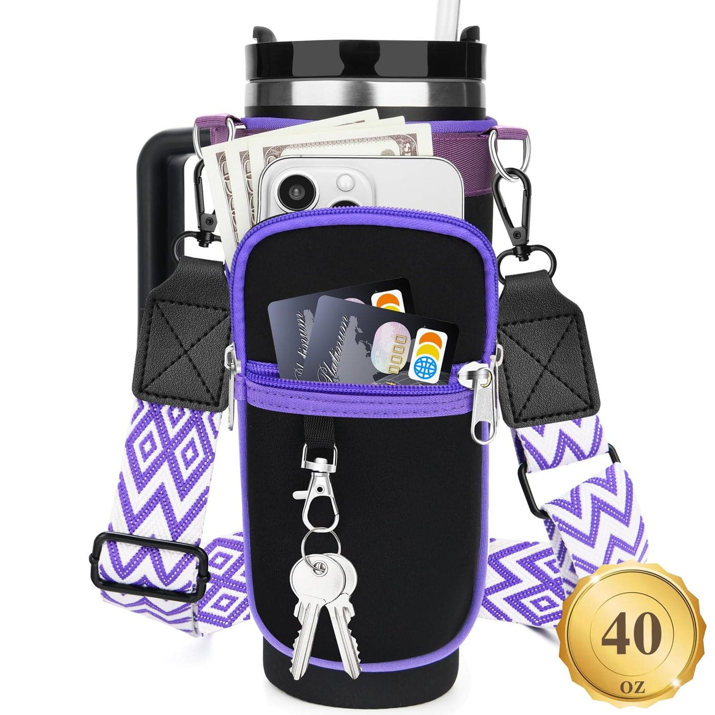 Water Bottle Carrier Bag with Canvas Shoulder Strap for Stanley 40 oz Tumbler with Handle, Water Bottle Holder Pouch with 6.7'' Phone Pocket for Stanley Cup Accessories, Birthday Gifts for Men Women