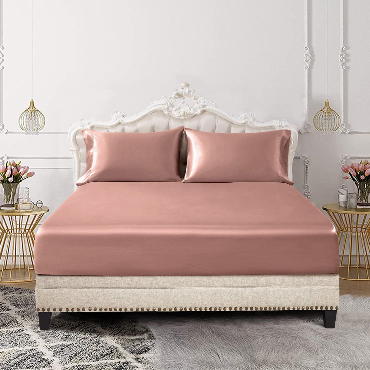 SiinvdaBZX 3Piece Set Satin Twin Fitted Sheet 2 Pillowcase Champagne Silky Soft Fitted Bottom Sheet Wrinkle Free Fade Resistant Deep Pocket Bed Sheet Deep Up to 15