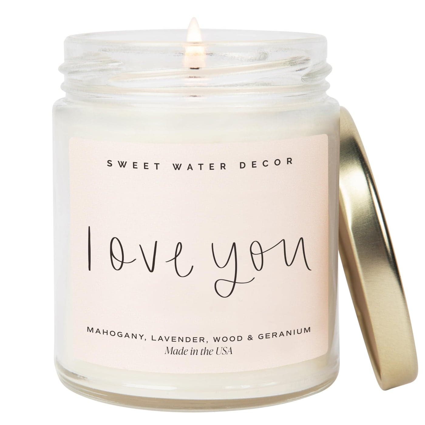 Sweet Water Decor Love You Scented Candles Soy Candles with Fresh Lavender Geranium Warm Mahogany and Earthy Teakwood Candle Wax with 40 Hours Burn Time 9Oz Gold Lid Clear Jar Wax Candle