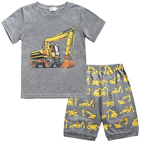 Little Hand Boys Excavator Pjs 2 Piece Construction Truck Pajamas 100% Cotton Short Sets for Kids Grey Pjs Toddler Boy Jammies 5t