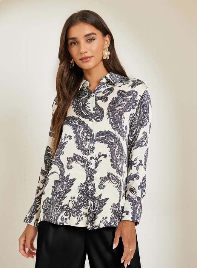 Black Paisley Print Long Sleeve Satin Shirt