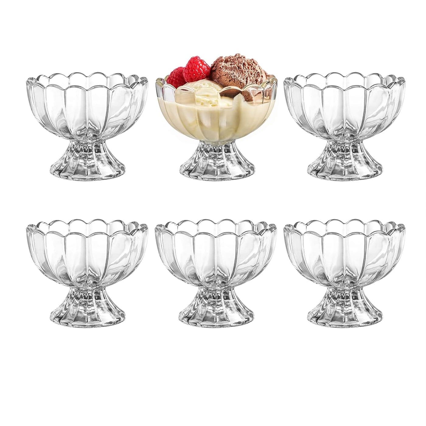 KMwares 6PCs Set 5oz Small Cute Footed Tulip Glass Dessert BowlsCups Perfect for Dessert Sundae Ice Cream Fruit Salad Snack Cocktail Condiment Trifle and Christmas Holiday Party Clear