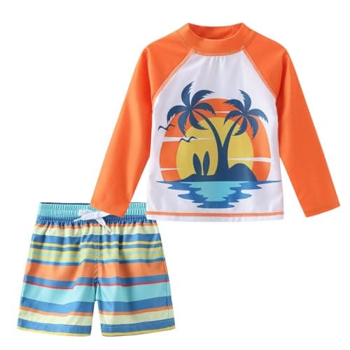 Aisyee Toddler Boys Rash Guard Set Baby Boys Swim Set with Swim Trunks Long Sleeve Bathing Suits Beach Sunset 3T