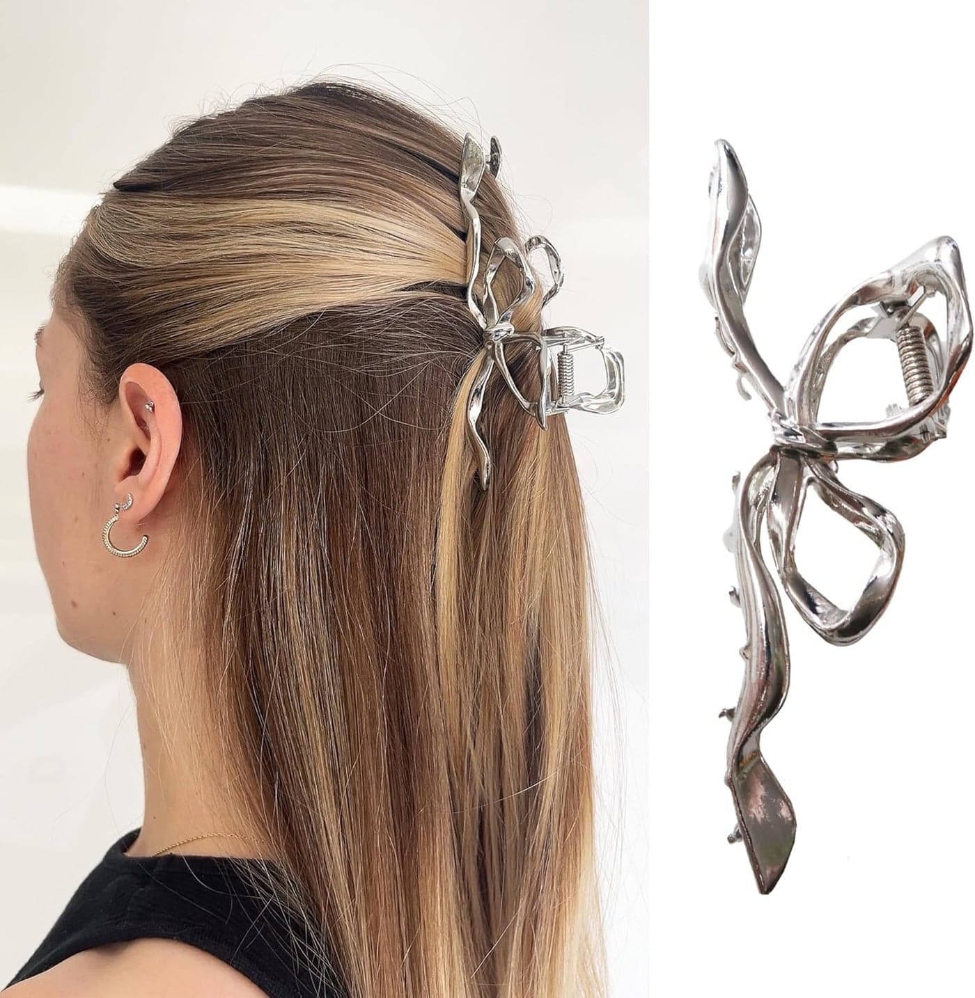 Silver Bowknot Metal Claw Clip - Giant Chrome Plated Hair Clip for Women, Large Decorative Hair Claw, Shiny Hair Accessory