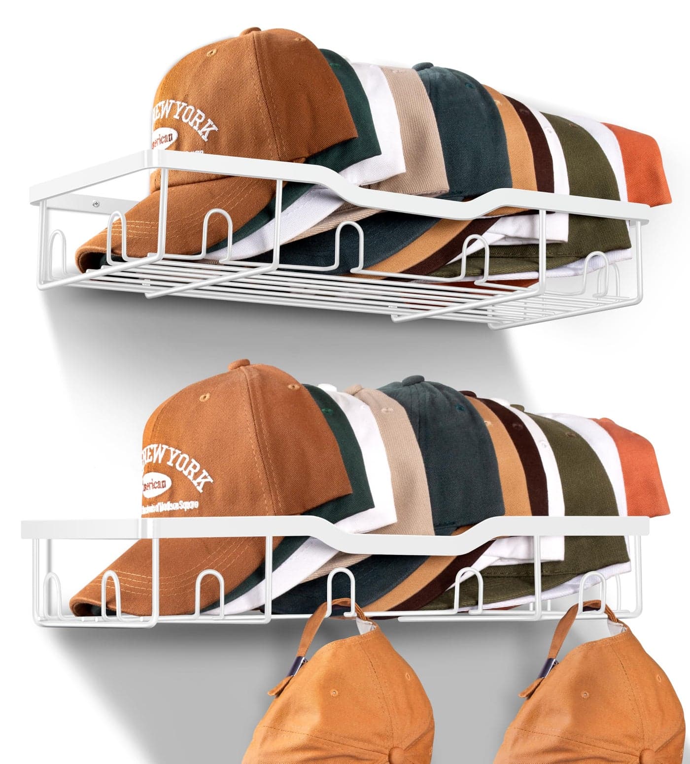 KEETDY Metal Hat Racks for Baseball Caps Wall Hat Organizer Fit 20 Caps Holder 2 Packs Sturdy Wall Mounted Hat Storage Organizer White