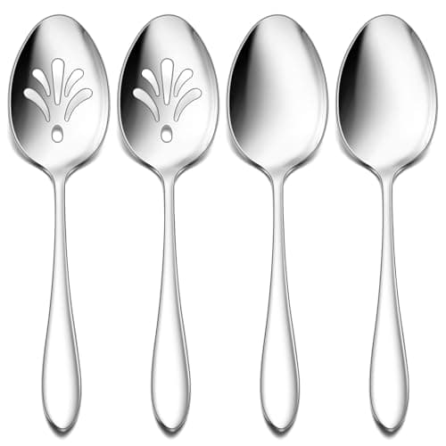 E-far 4-Piece Serving Set - Includes 2 Spoons and 2 Slotted Spoons, Stainless Steel Buffet Utensils for Catering Party Kitchen Restaurant - Mirror Polished, Dishwasher Safe, 8.5-Inch