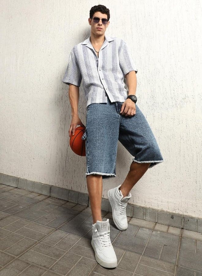 Men's Blue Cotton Blend Striped Button Down Oversized Shirt