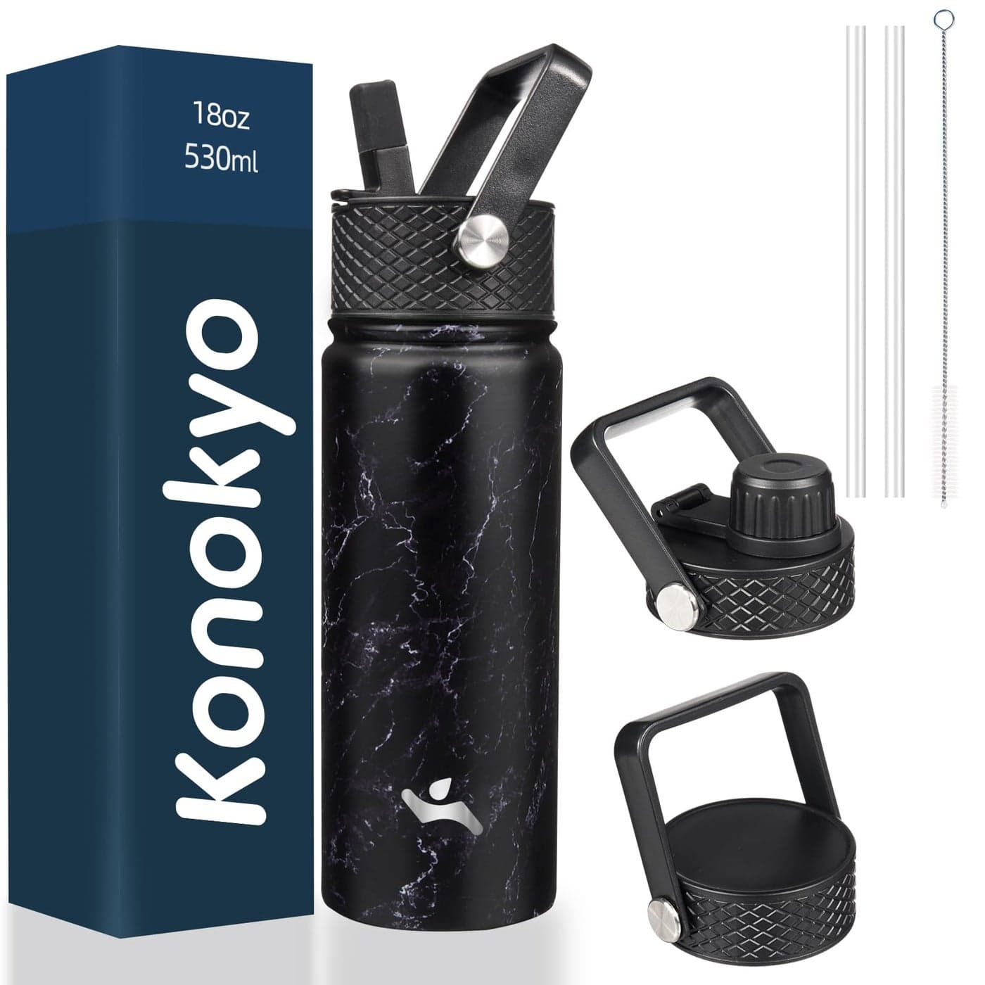 Konokyo 18 oz Insulated Water Bottle Stainless Steel Sport Bottles with 3 LidsMarble Midnight