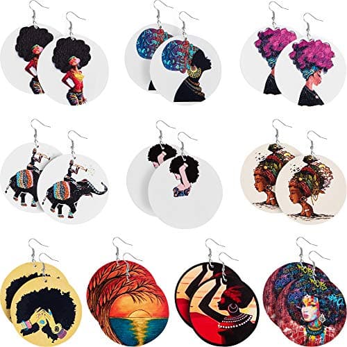 10 Pairs African Earrings Women's Black History Earrings Wooden Painted Dangle Earring(Classic Style)