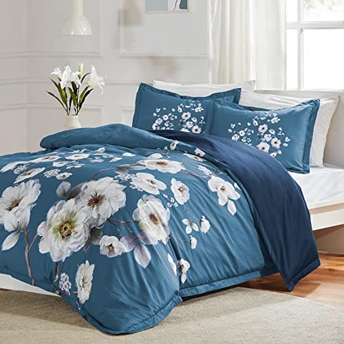 SLEEP ZONE Bedding Duvet Cover Sets Printed Floral 120gsm Ultra Soft Zipper Closure Corner Ties Classic Peony Blue FullQueen 90 x 90 inch 2 Pillow Shams