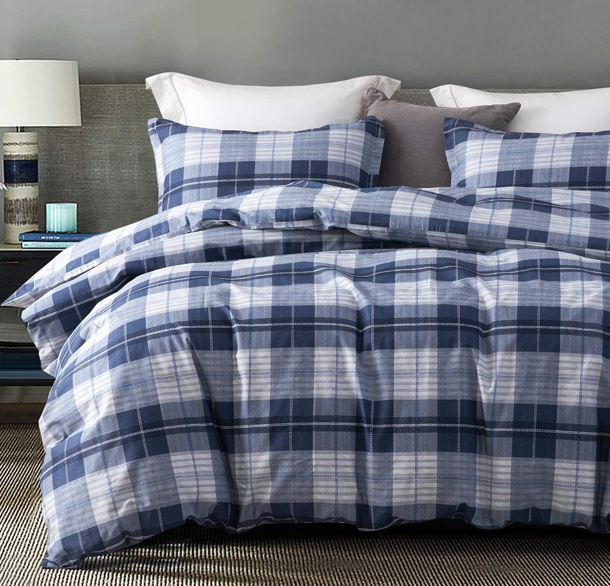 SLEEPBELLA Comforter King Size 600 Thread Count Cotton Navy Blue Grey Buffalo Pattern Blue Plaid Comforter SetsDown Alternative Bedding Set 3Pcs King Navy Plaid