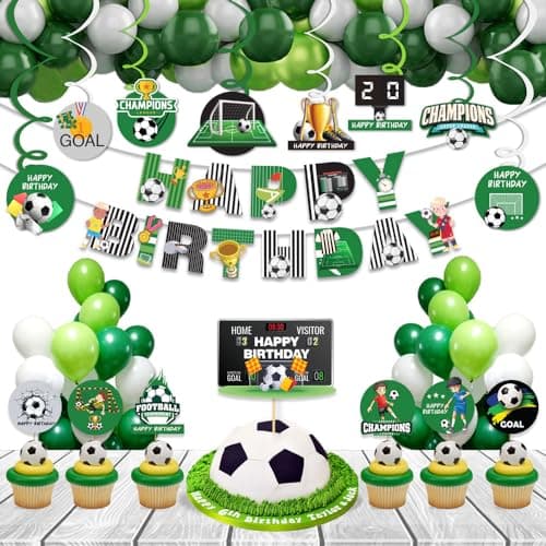 Festiko® Set of 49 Pcs Football Theme Happy Birthday Combo (Banner, Swirls With Cutouts, Balloons, Cake & Cupcake Toppers), Football Theme Decorations, Birthday Decoration Items