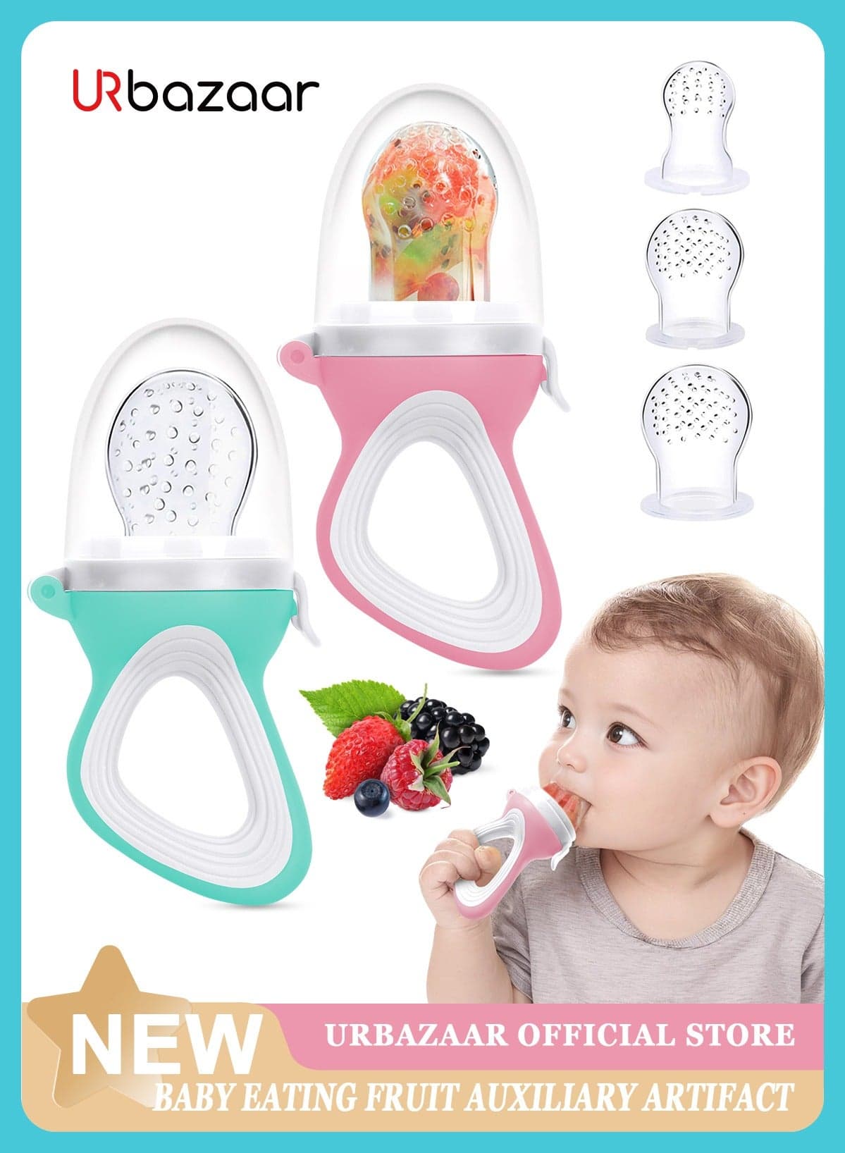 2-Piece Baby Fresh Food Feeder with 3 Sizes Silicone Pouches, Fruit Teether Pacifiers in Appetite Stimulating Colors