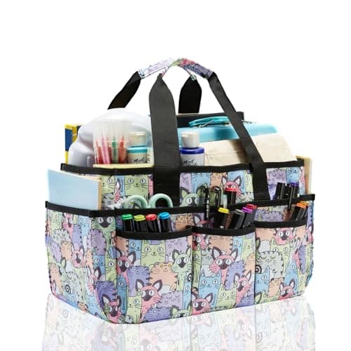 JOSIVIKY Craft Organizer Tote Bag Art Organizer Craft Caddy with Multiple Pockets Storage Bag for Sewing Tools Art Supplies Home and Office Cat Print