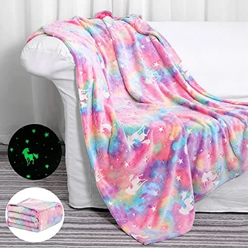 Kunya® Glow in The Dark Blanket for Kids - Pink Star Moon Print, Light Weight Soft Cozy All Season for Baby Boys & Girls (Rainbow, Big)
