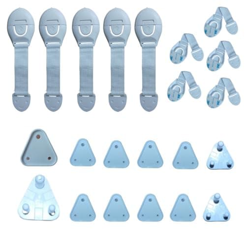 Nexbie Combo Of Baby Safety Locks for Cabinet, Drawer, Fridge, Cupboard, Pack of 10 & Electric Socket Plug Cover Guards Pack of 12 with 10 small and 2 large (10 Safety Locks for Cabinet,12 Electric Socket Guard) White, Pack of 1, Made in India