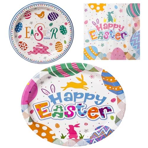 Dereinwo 100 PCS Easter Paper Plates and Napkins | Bundle Includes Paper Oval Dinner Plates Dessert Plates and Napkins for Happy Easter Holiday Party Supplies Themed Tableware | Serve 25