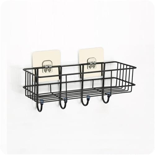 Amiraj Wall Mounted Self-Adhesive Bathroom Organizer | No Drill Kitchen Rack | Rectangular Corner Shelf for Bathroom & Kitchen Accessories | GI Metal with Powder Coated Finish, Black (Pack of 1)