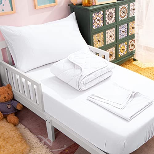 NTBAY Toddler Bedding Set 4 Piece Soft and Breathable Crib Bedding Set for Boys and Girls Includes Quilted Comforter Fitted Sheet Flat Top Sheet and Envelope Pillowcase White