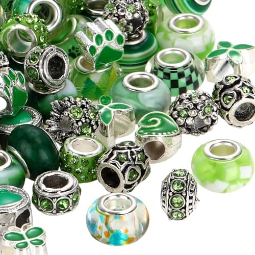 Hicarer 80 Pcs Assorted European Large Hole Beads Spacer acrylic Beads Rhinestone Metal Macrame Charms Supplies for DIY Crafts Bracelets Necklaces Jewelry MakingGreen