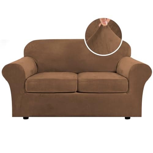 H.VERSAILTEX Real Velvet Plush 3 Piece Stretch Sofa Covers Couch Covers for 2 Cushion Couch Loveseat Covers Width Up to 72 Inch Thick Stay in Place (Medium Sofa, Caramel)