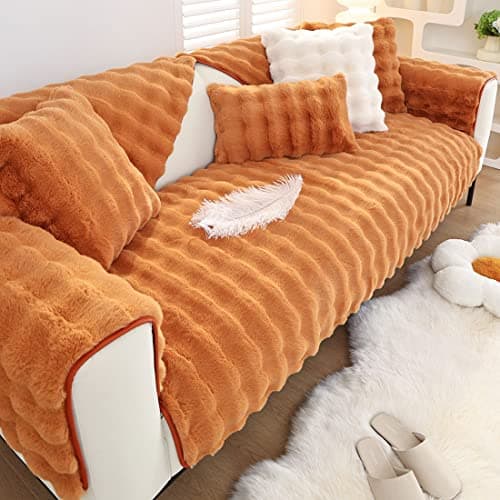 XSlive Soft Warm Faux Fur Couch Sofa Cover Thick Shaggy Fuzzy Sectional Couch Cover Non-Slip Solid Color Plush Sofa Slipcover Furniture Protector for Kids, Pets (Dark Orange,36"x63")