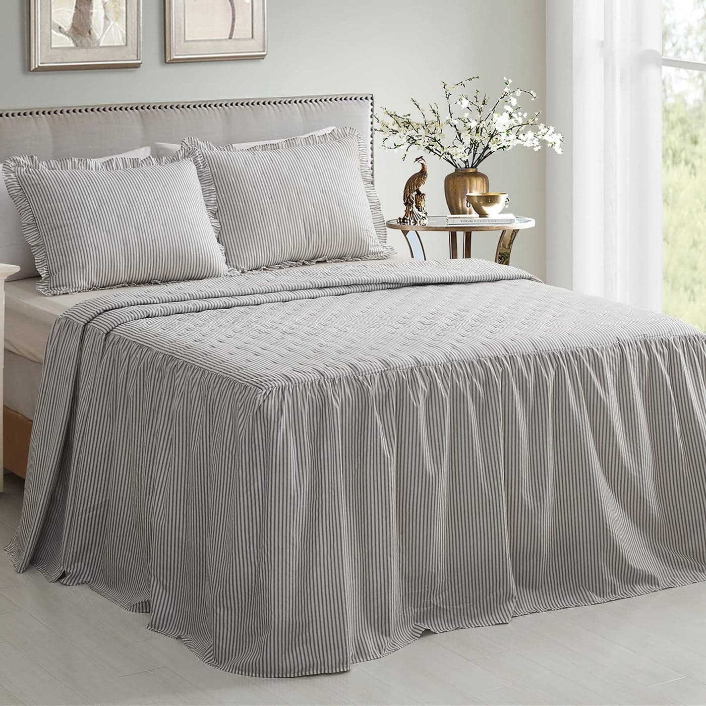 CHIXIN Ticking Stripe Ruffle Skirt Bedspread King Size 30 Long Drop Shabby Chic Style Lightweight Bedding Cover 3 Piece Set Light Grey