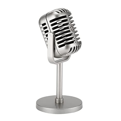 Facmogu Classic Retro Style Microphone Prop with Stand, Fake Vintage Microphone Decor for Party Decorations - Silver