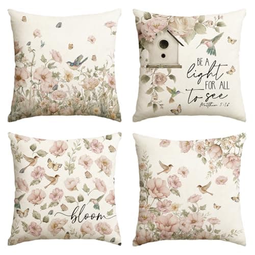 AVOIN colorlife Spring Bloom Floral Birds Throw Pillow Covers, 18 x 18 Inch Be A Light for All to See Cushion Case Decoration for Sofa Couch Living Room Home Decor Set of 4