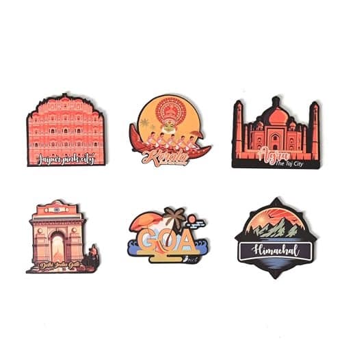 GKD India Tourism Wooden Fridge Magnet | Travel Souvenir | Decorative Refrigerator Magnet for Home, Kitchen, Office & Café | Fridge Decor & Gift for Travel Lovers Pack of 6