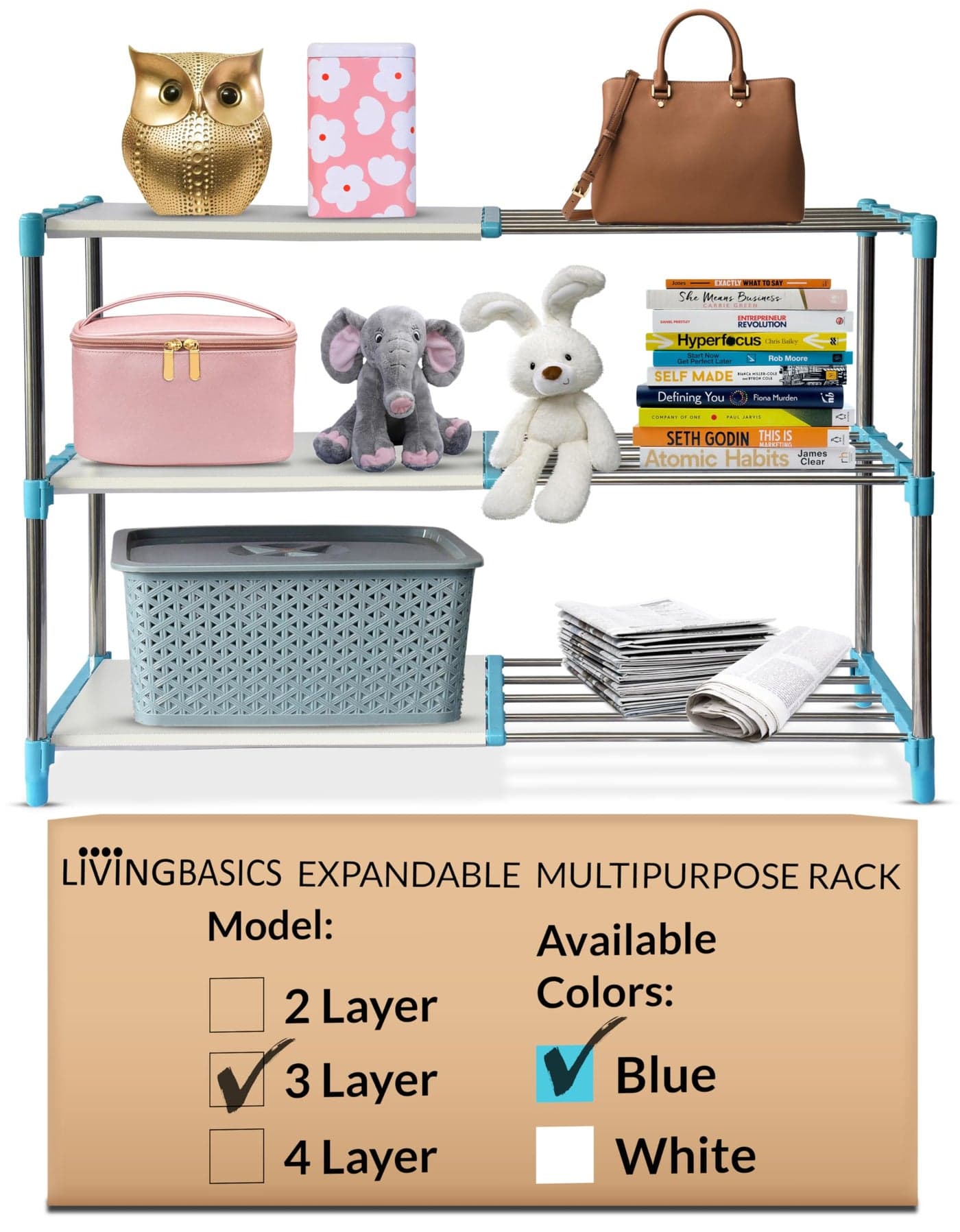 LIVINGBASICS Plastic Multipurpose Storage Rack For Kitchen/Clothes/Bookshelf/Shoes Stand (3 Layer, Cyan Blue Multi-Purpose Rack)
