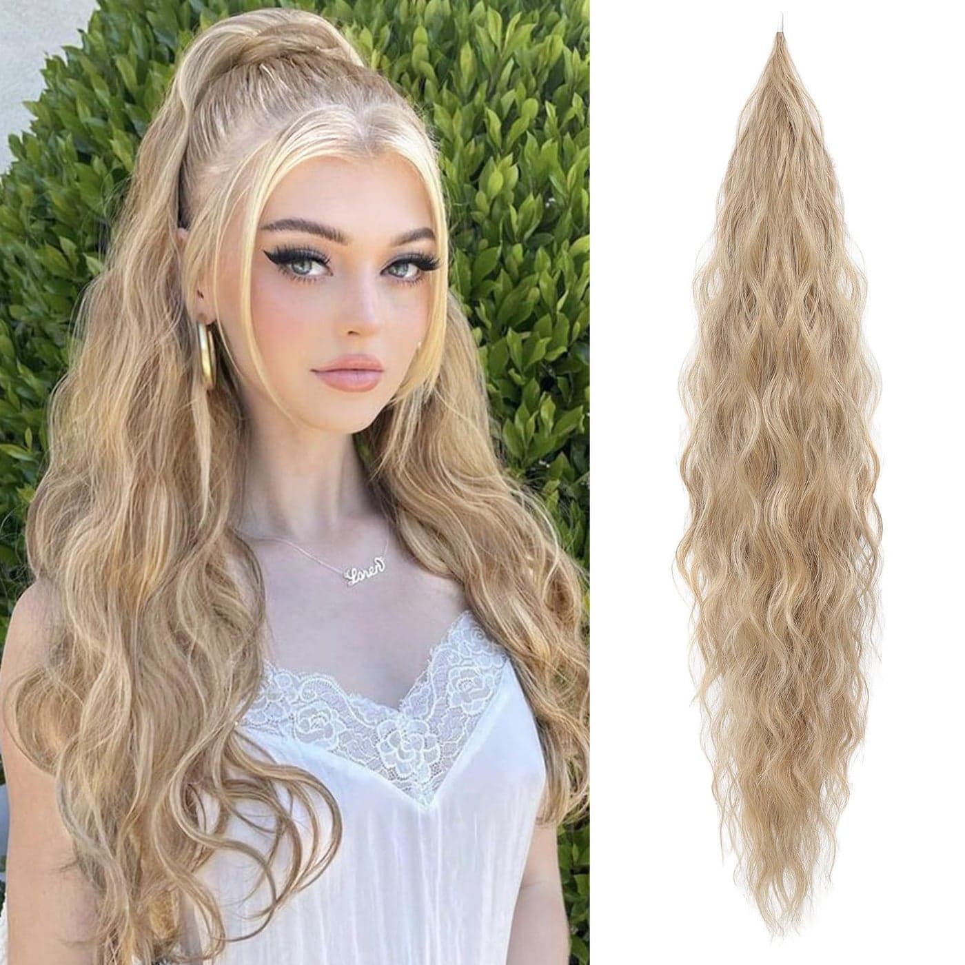 Flufymooz Ponytail Extension Flexible Wrap Around Ponytail Extension Long Wavy Curly Ponytail Hair Extensions Natural pony tail Synthetic Hairpiece for Women 26 Inch Champagne Blonde