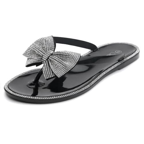 Shoe Land Women's Jelly Flat Sandals, Rhinestone Bow Thong Sandals – Sparkly Flip Flops for Beach & Pool | Comfortable Non-Slip Slides | Cute Bling Strappy Sandals, Black/Silver, Size 10.0, Summer
