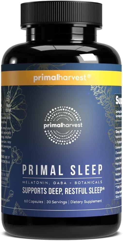 Primal Harvest Primal Sleep Support Supplement 60 Capsules with Valerian Root LTryptophan GABA Chamomile and Melatonin 3mg