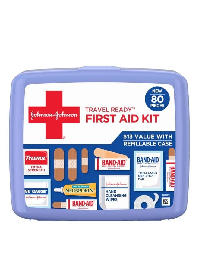 Travel Ready Portable Emergency First Aid Kit for Minor Wound Care with Assorted Adhesive Bandages, Gauze Pads & More, Ideal for Travel, Car & On-The-Go, 80 pc